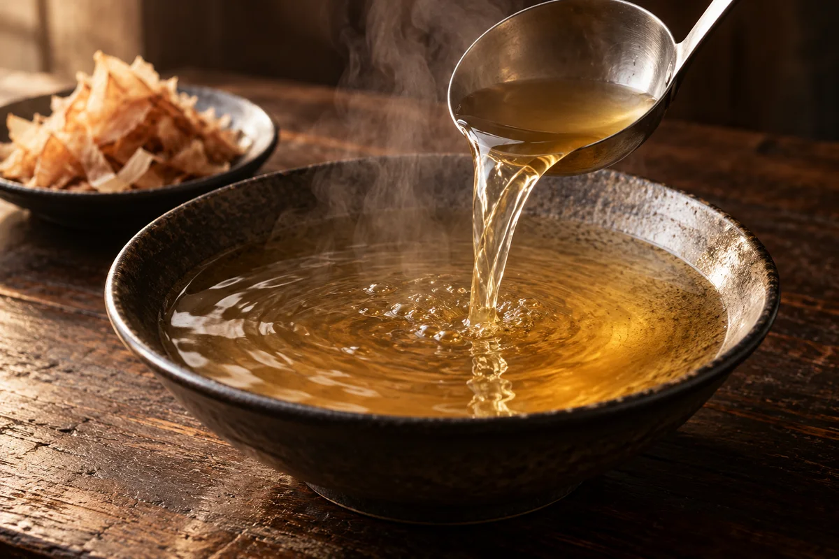 黒い器に注がれる琥珀色のスープ。奥には鯖節。