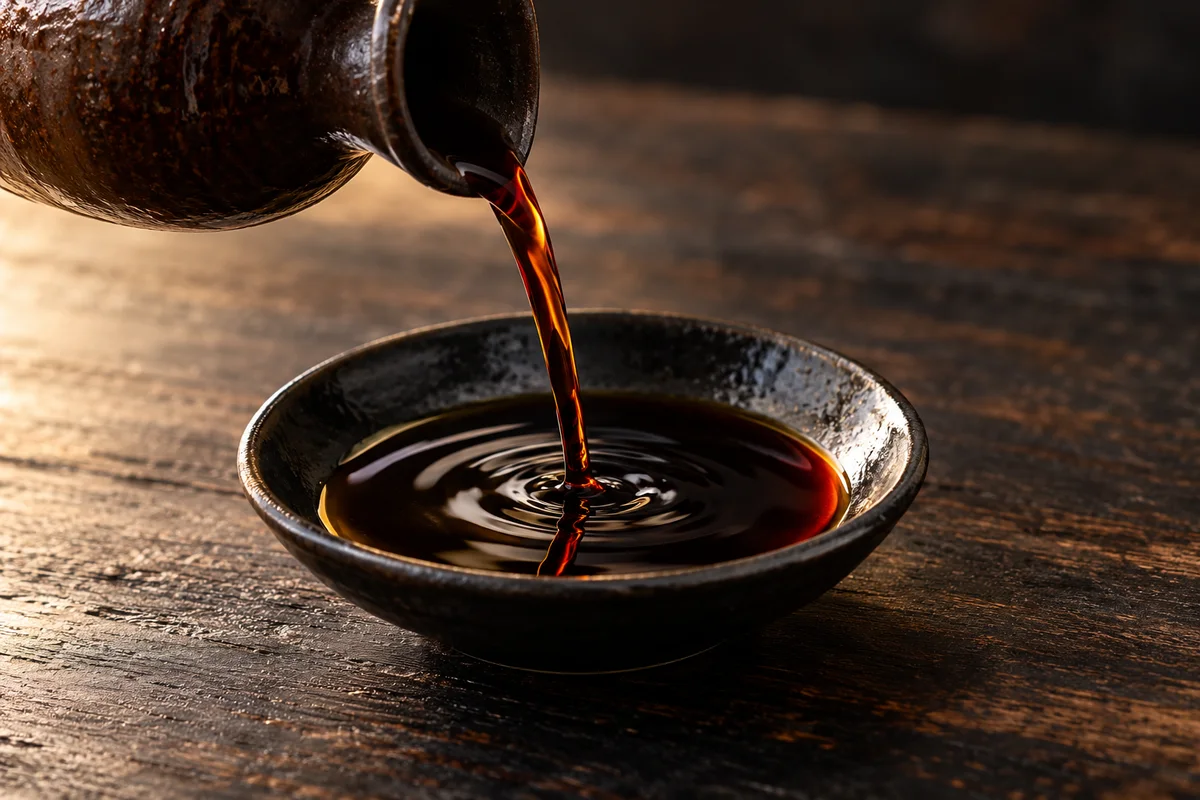 陶器の注ぎ口から黒い小皿へ注がれる、艶のある醤油。